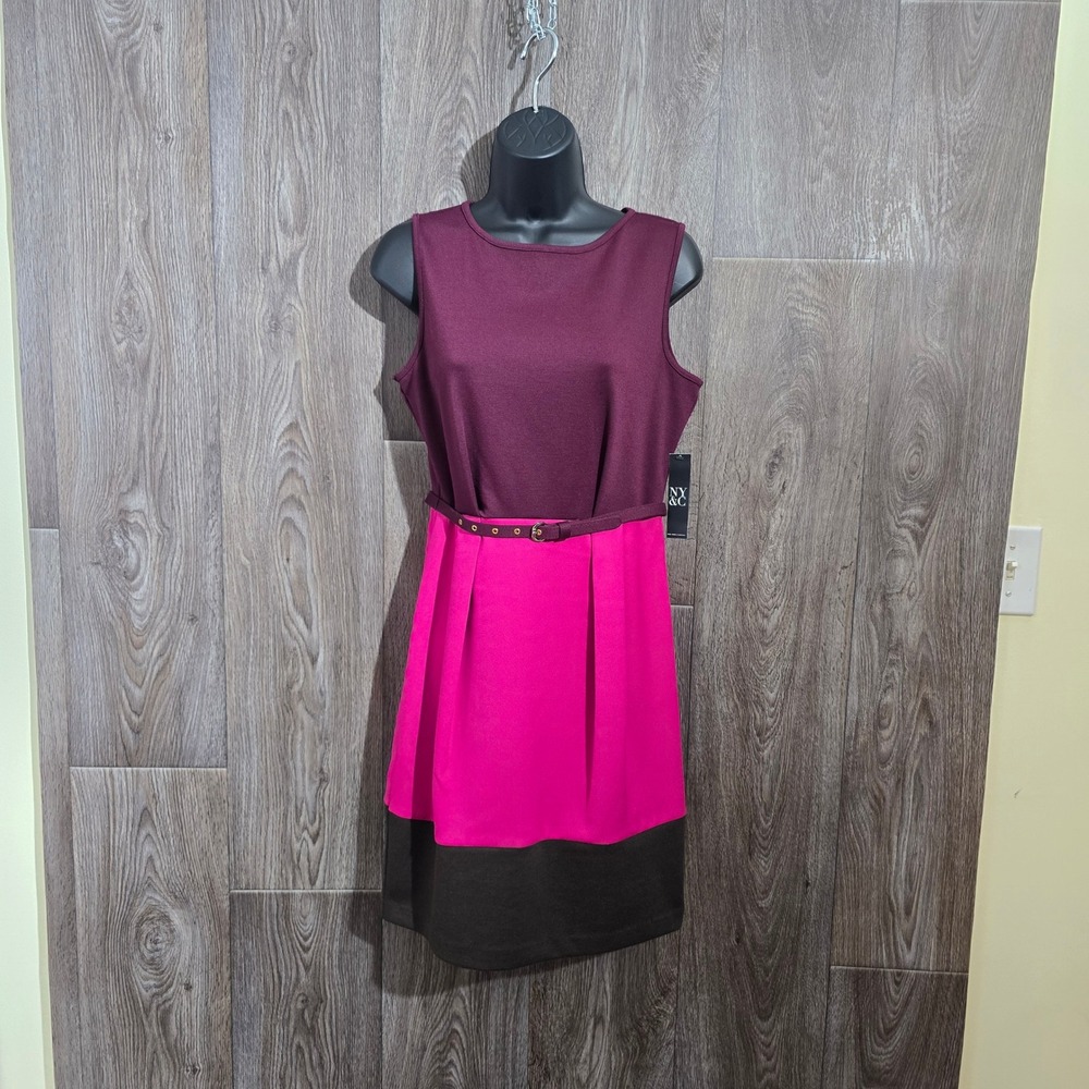NWT New York & Company XS Colorblock Belted Sleeveless Sheath Dress BurgundyPink